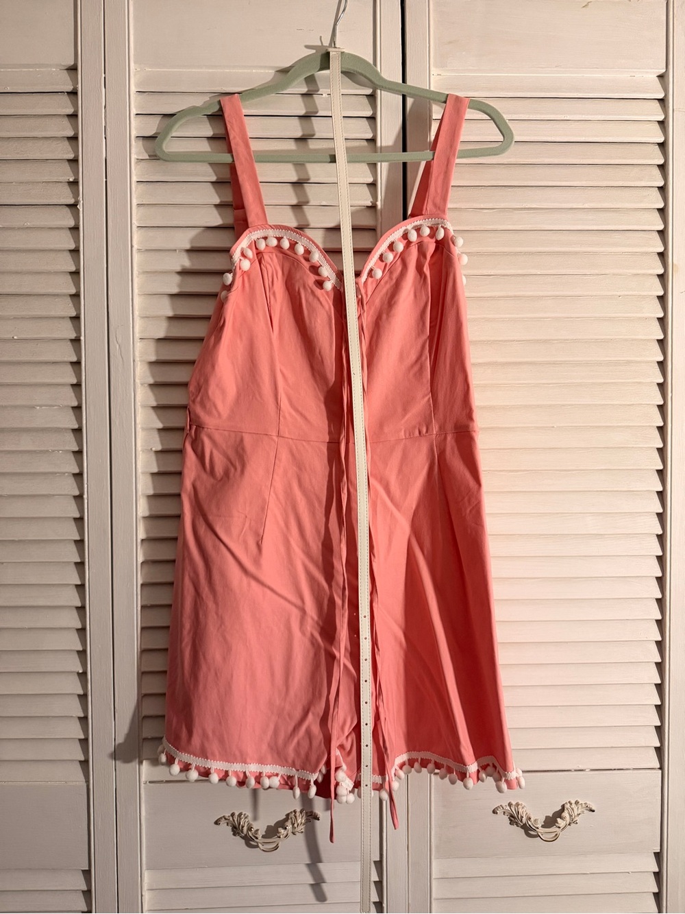 Pom-Pom Trim Coral Romper - Sleeveless Summer Jumpsuit